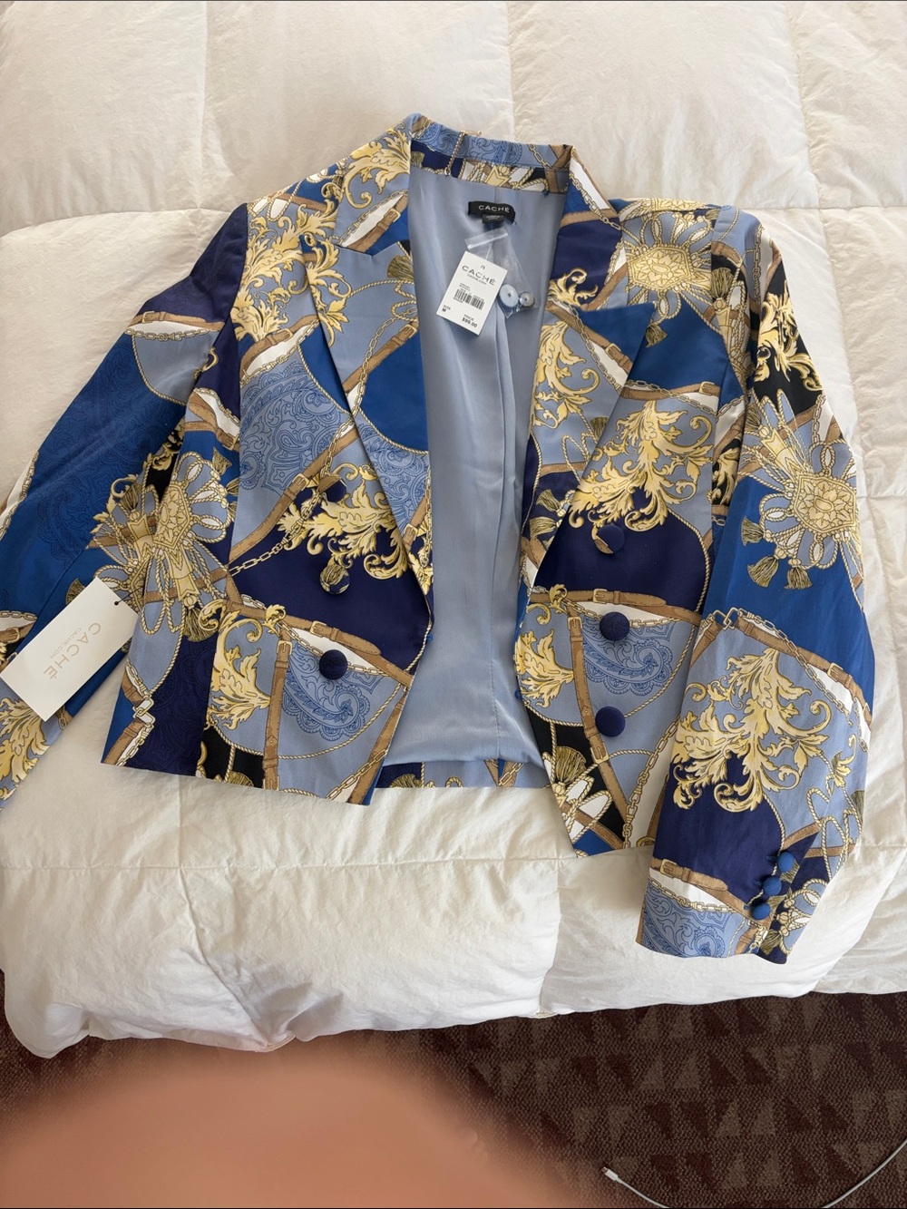 Patchwork Baroque-Print Cropped Blazer in Blue and Gold